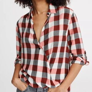 Rag & Bone Camile Red Ivory Blouse Drape Front Relaxed Fit Check Print Size M